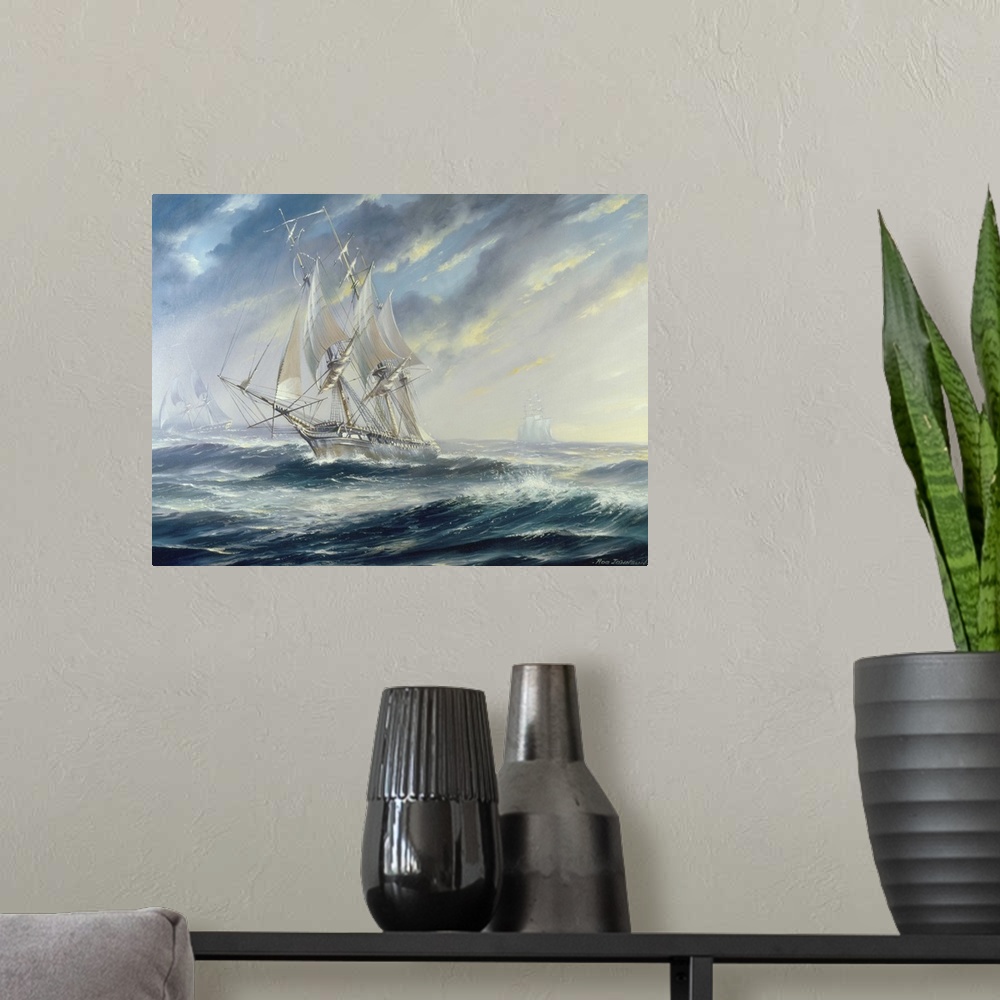 A modern room featuring Painting of of an old naval vessel traversing the open sea.