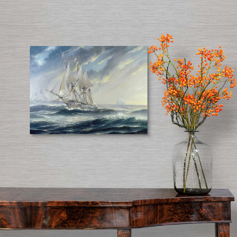 A traditional room featuring Painting of of an old naval vessel traversing the open sea.