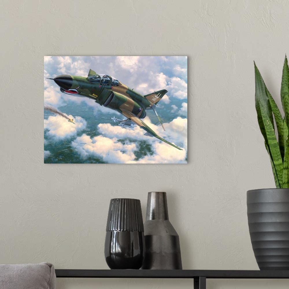 A modern room featuring An F-4E Phantom II flies in front of broken clouds over a tree covered jungle terrain with a Nort...