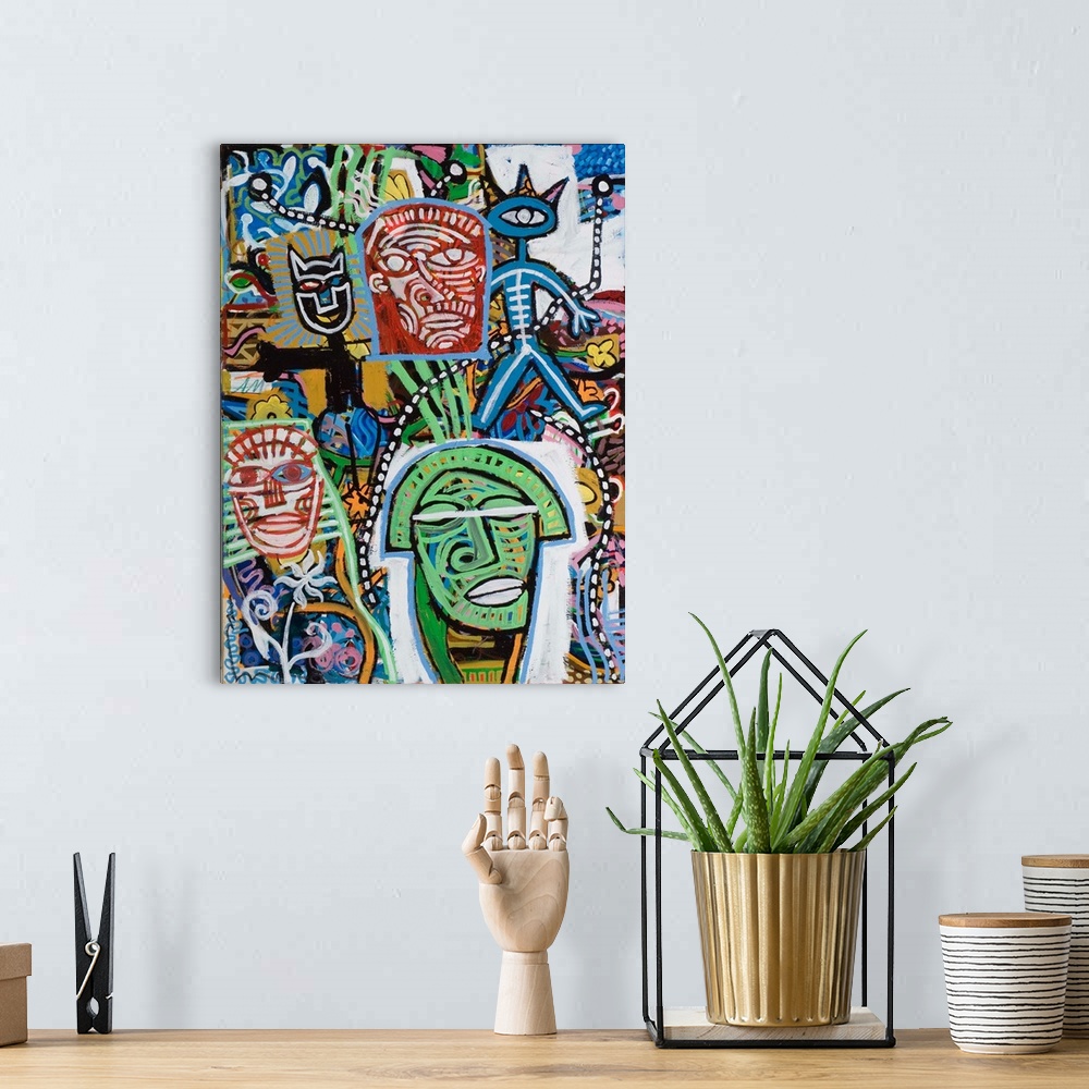 A bohemian room featuring Contemporary abstract painting of masks and faces with distorted forms in elaborate colors and pa...