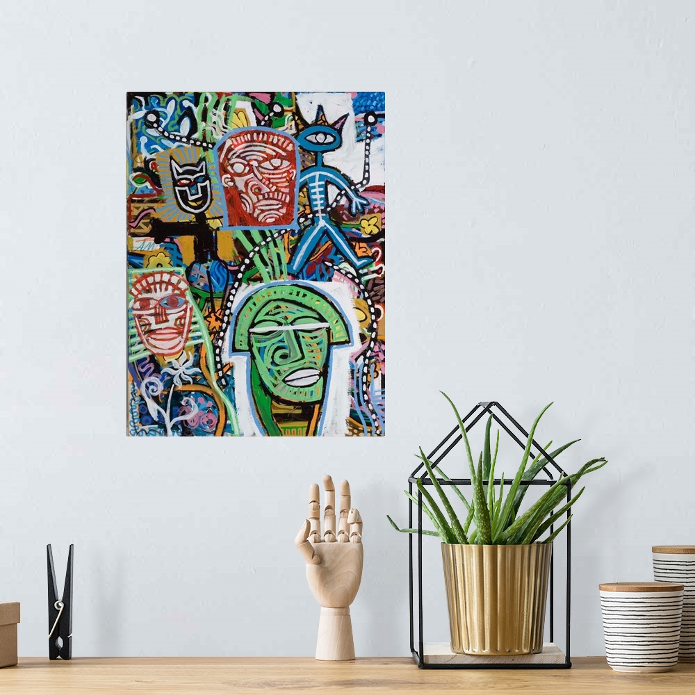 A bohemian room featuring Contemporary abstract painting of masks and faces with distorted forms in elaborate colors and pa...