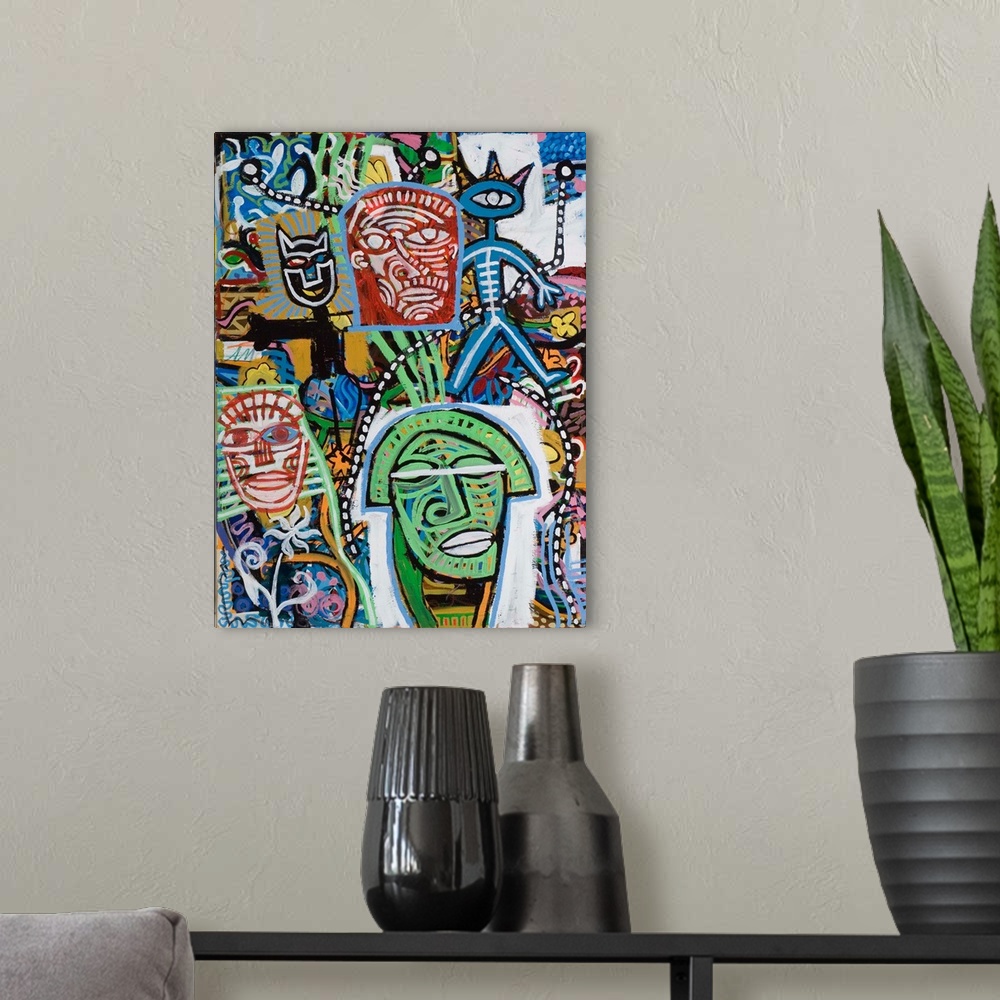 A modern room featuring Contemporary abstract painting of masks and faces with distorted forms in elaborate colors and pa...