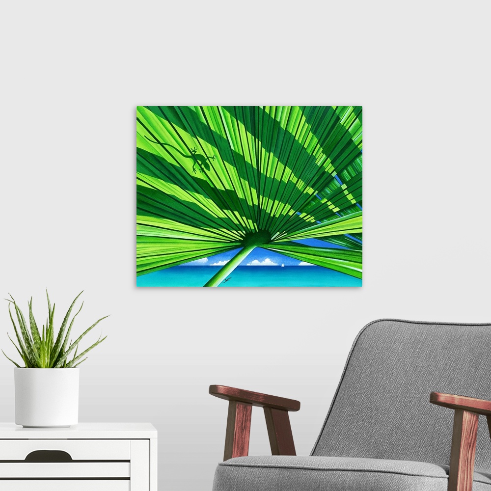 A modern room featuring Tropical themed artwork of a large lush looking palm frond with the silhouette of a  lizard on th...