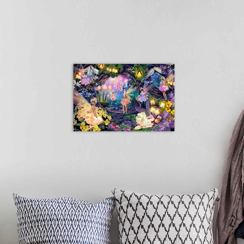 A bohemian room featuring Fantasy art of several fairies in a garden of bright blooming flowers.