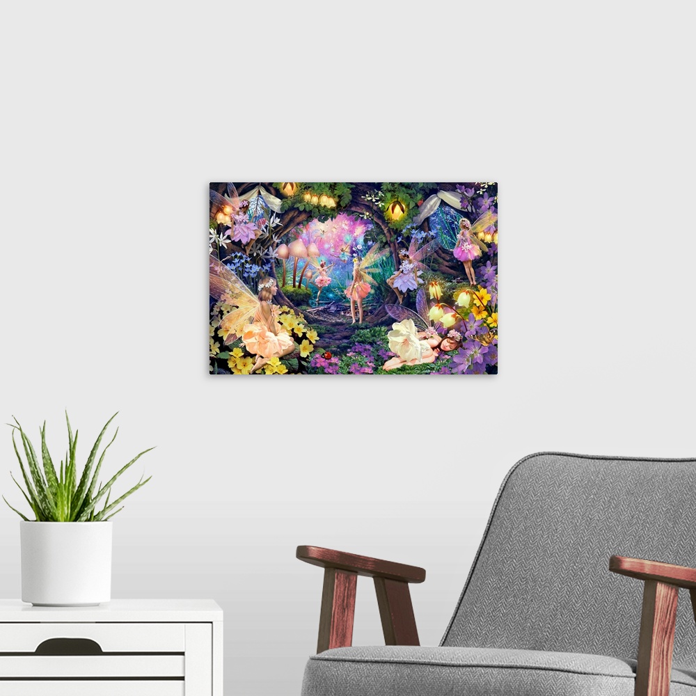 A modern room featuring Fantasy art of several fairies in a garden of bright blooming flowers.