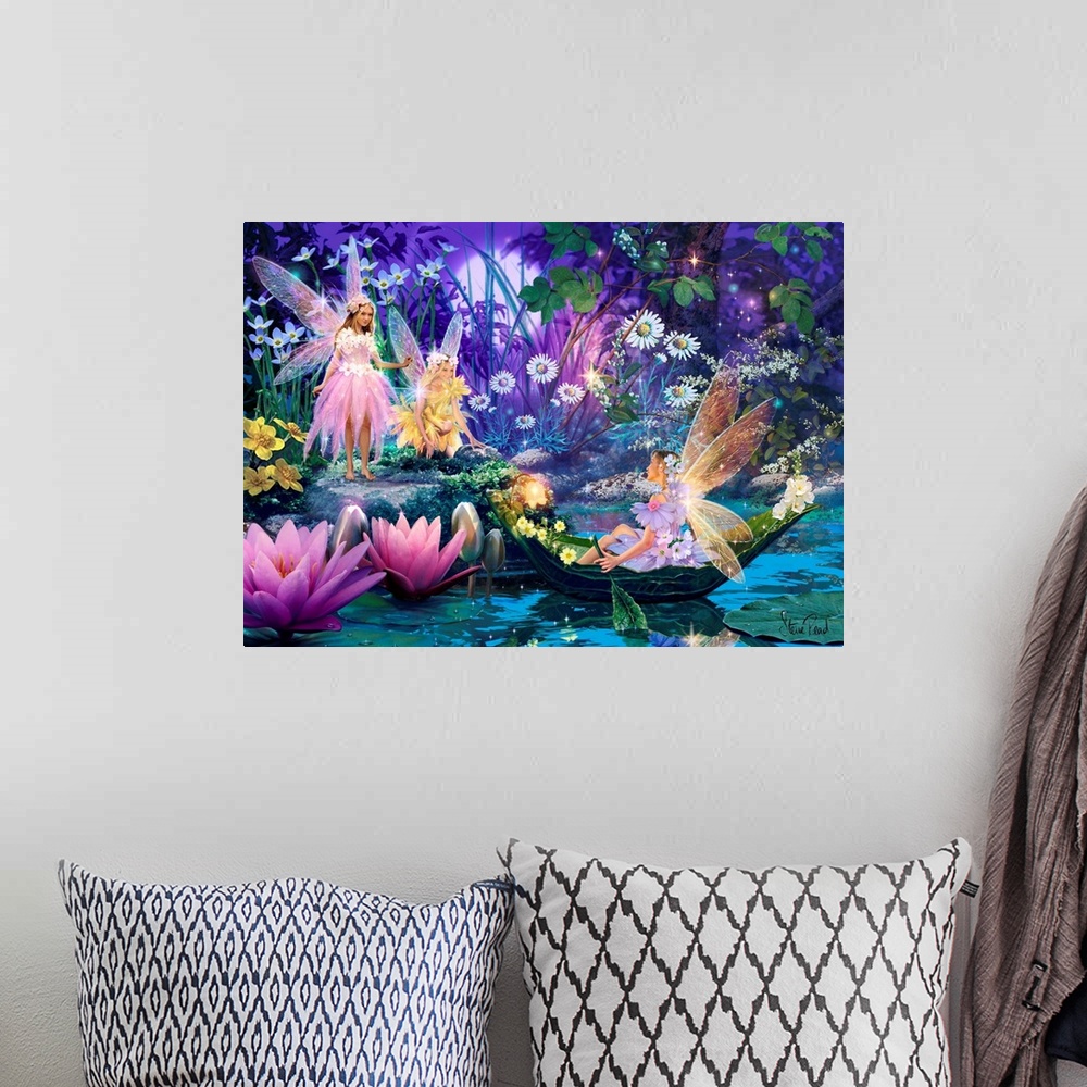 A bohemian room featuring Whimsical fantasy art of three fairies by a lake surrounded by flowers.