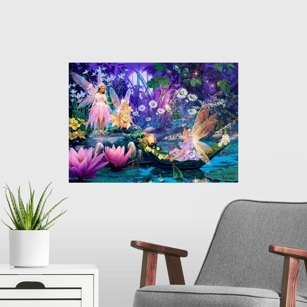 A modern room featuring Whimsical fantasy art of three fairies by a lake surrounded by flowers.