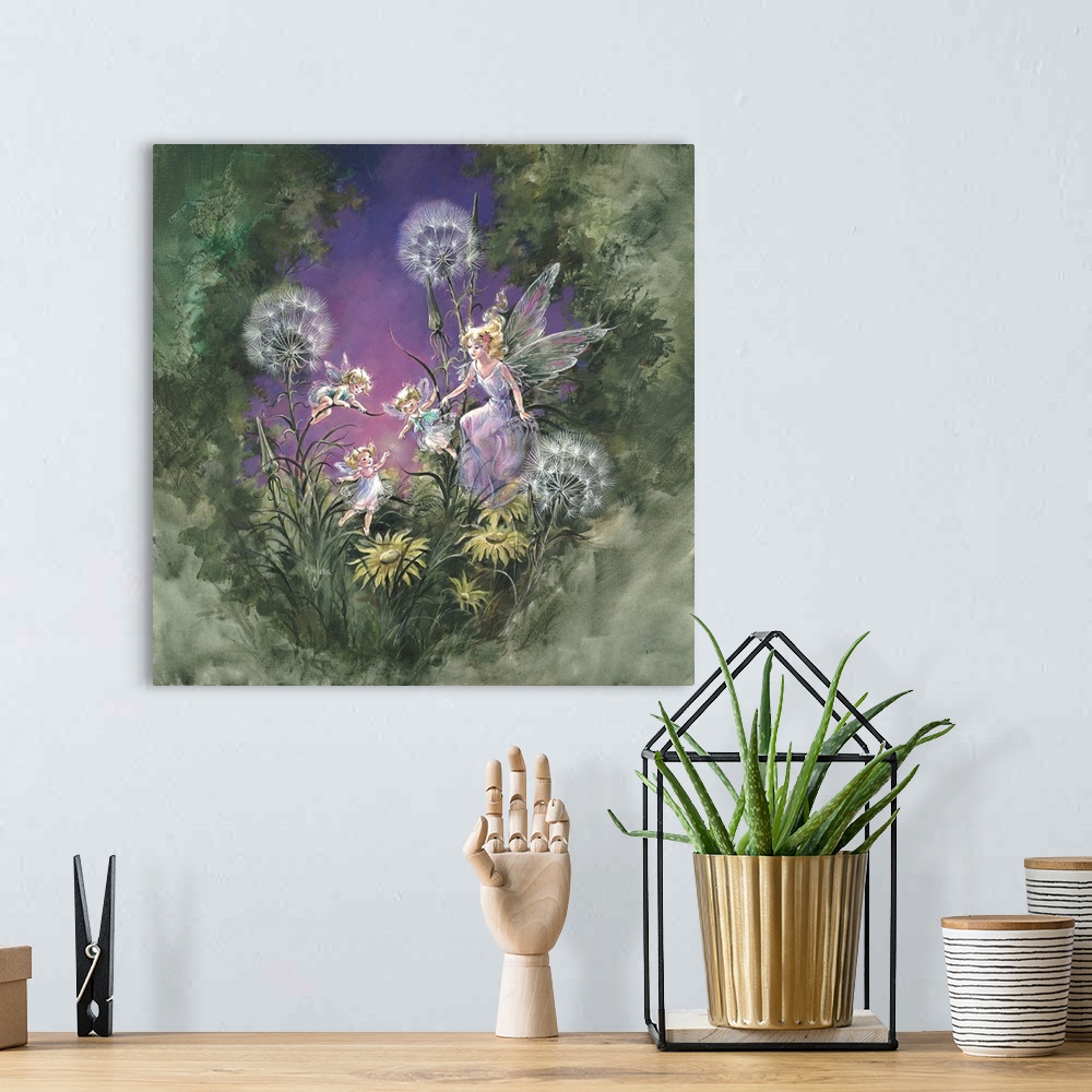 A bohemian room featuring Whimsical contemporary fantasy artwork of fairies and flowers.