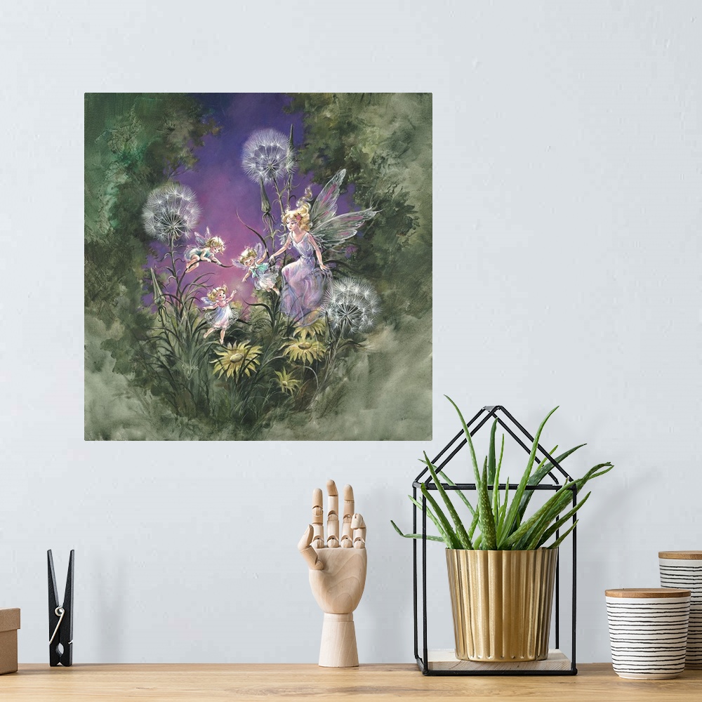 A bohemian room featuring Whimsical contemporary fantasy artwork of fairies and flowers.