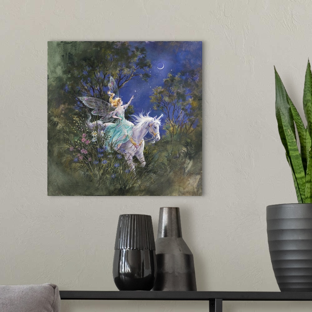 A modern room featuring Whimsical contemporary fantasy artwork of fairies and unicorns in an enchanted garden.