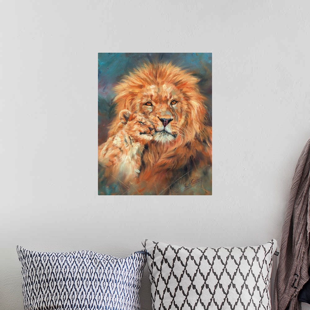 A bohemian room featuring Contemporary painting of a lion cub nuzzling adult male lion.