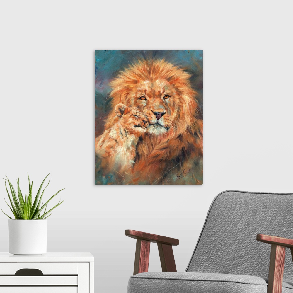 A modern room featuring Contemporary painting of a lion cub nuzzling adult male lion.