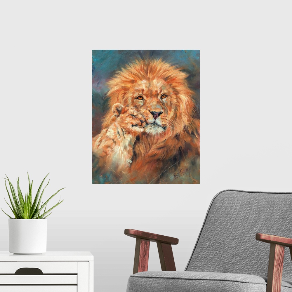 A modern room featuring Contemporary painting of a lion cub nuzzling adult male lion.