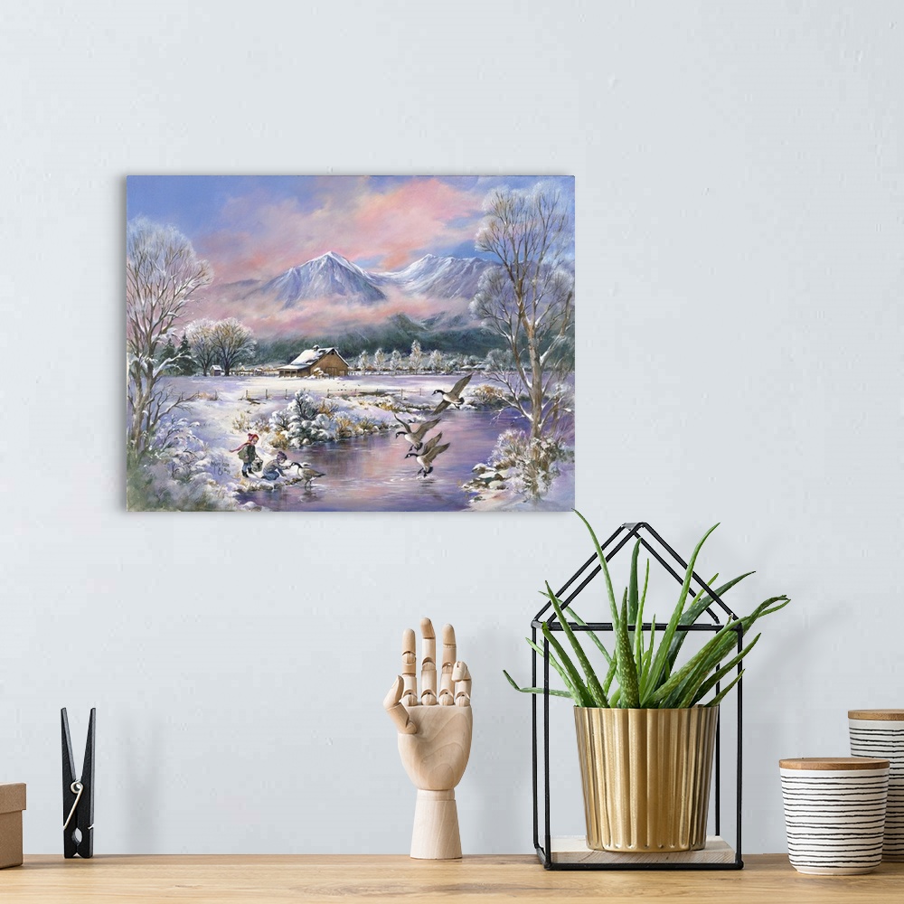 A bohemian room featuring Contemporary painting of children feeding geese on a pond in the midst winter.