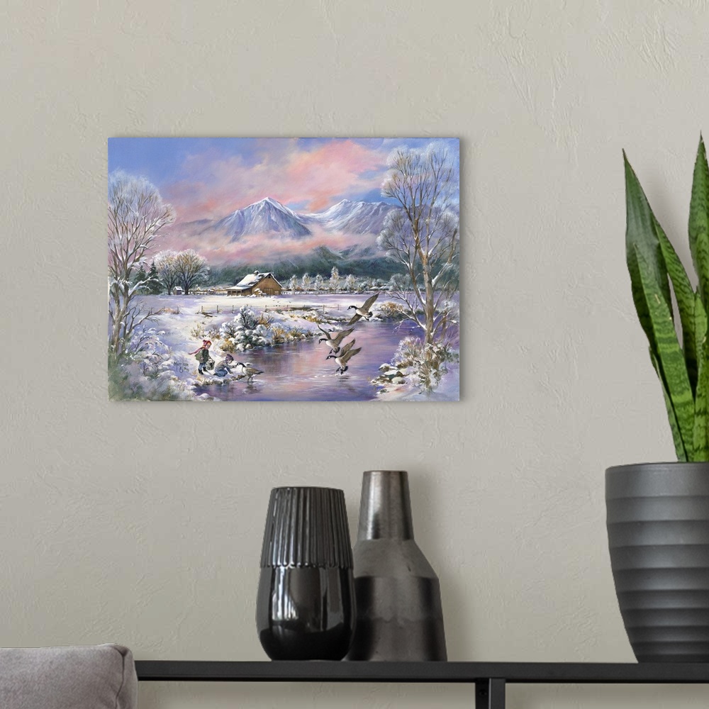 A modern room featuring Contemporary painting of children feeding geese on a pond in the midst winter.