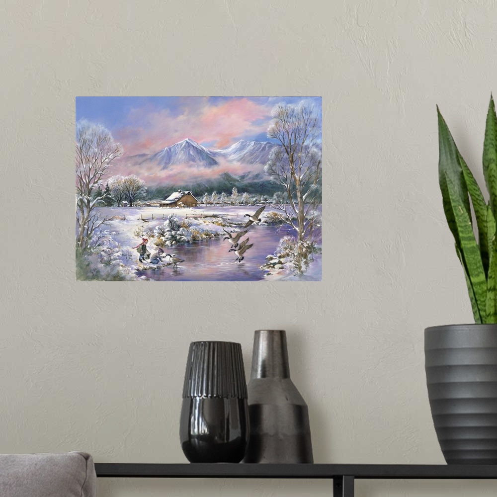 A modern room featuring Contemporary painting of children feeding geese on a pond in the midst winter.