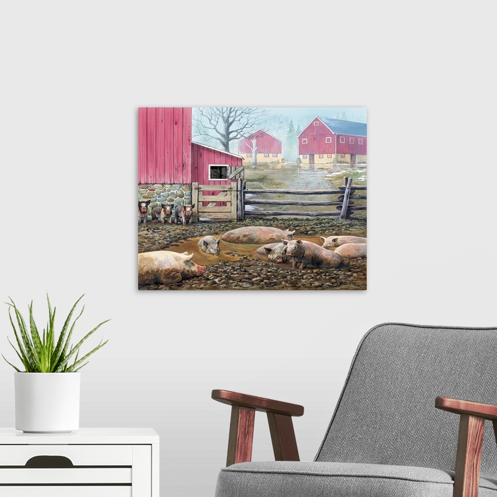 A modern room featuring Contemporary painting of a group of pigs laying in mud with red barns in the background.