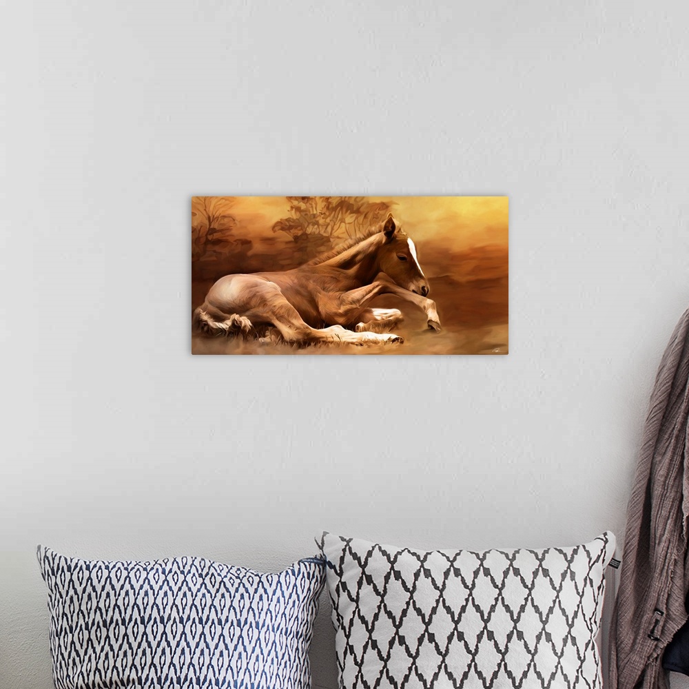 A bohemian room featuring Contemporary animal art of a foal laying peacefully on the ground.