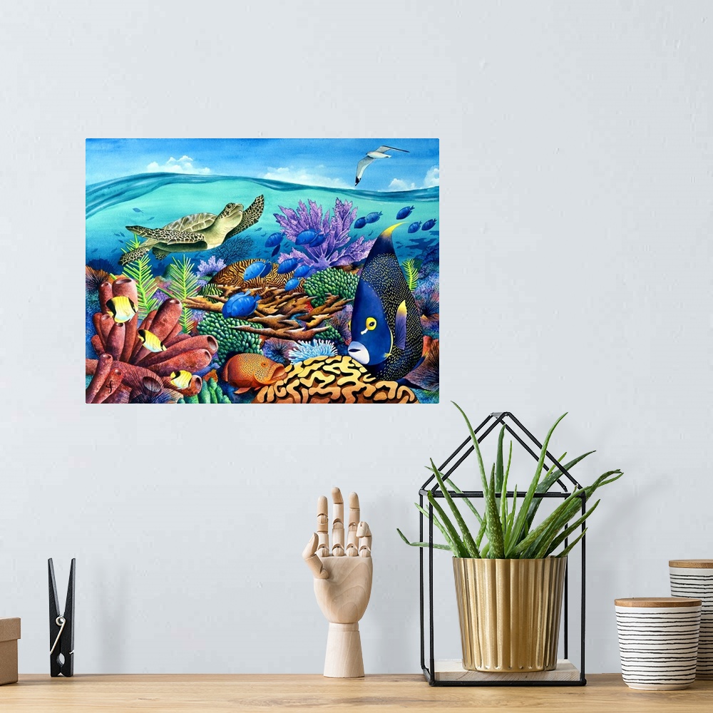 A bohemian room featuring Tropical themed artwork of a cross section of the sea life beneath the water.