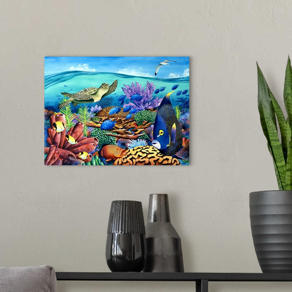 A modern room featuring Tropical themed artwork of a cross section of the sea life beneath the water.