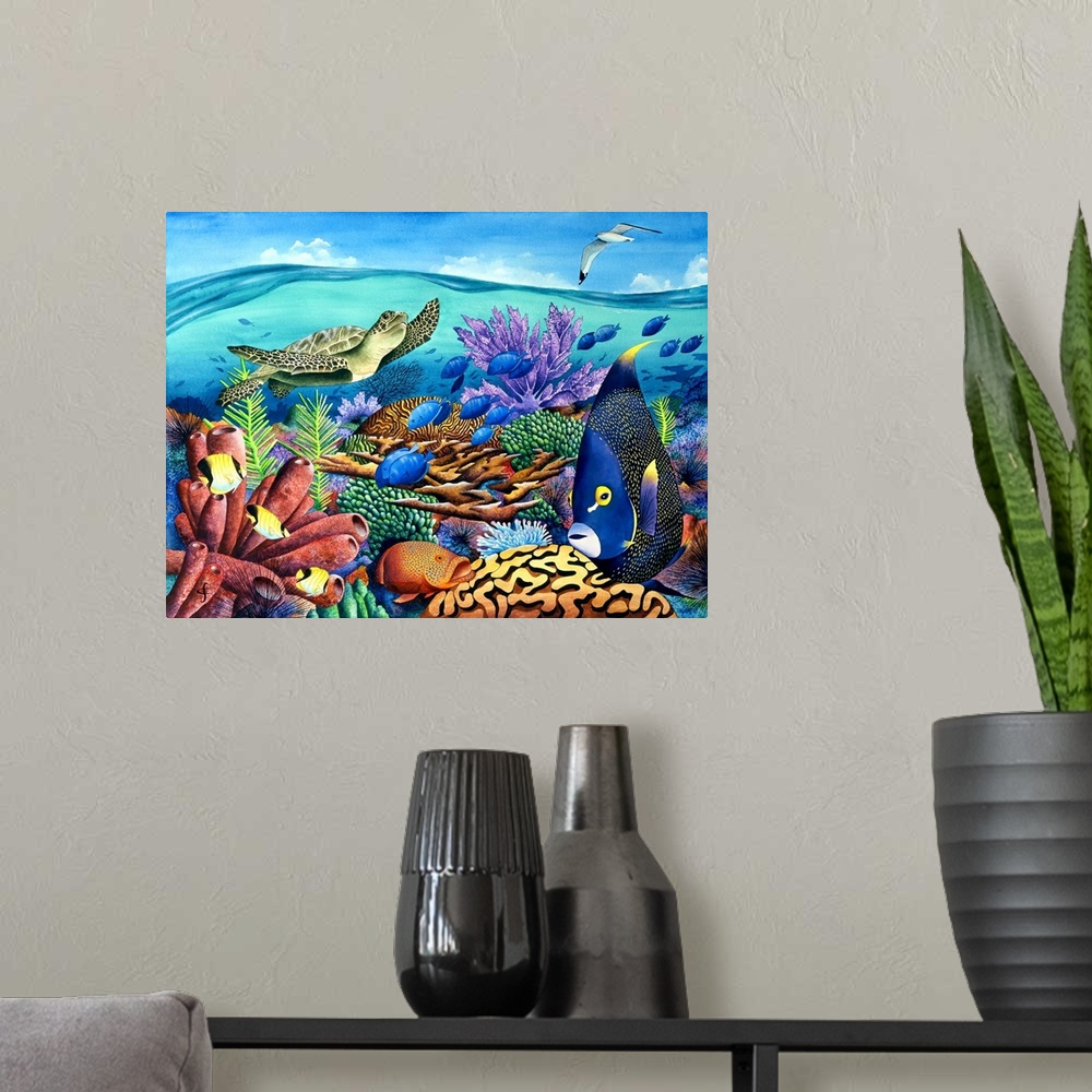 A modern room featuring Tropical themed artwork of a cross section of the sea life beneath the water.