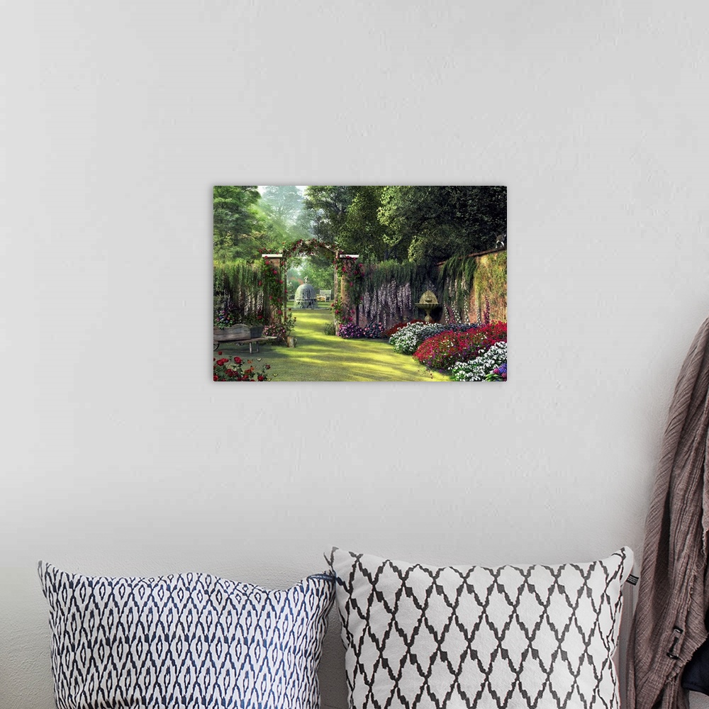 A bohemian room featuring Horizontal painting on a big canvas of a flower garden surrounded by a stone wall and large trees...