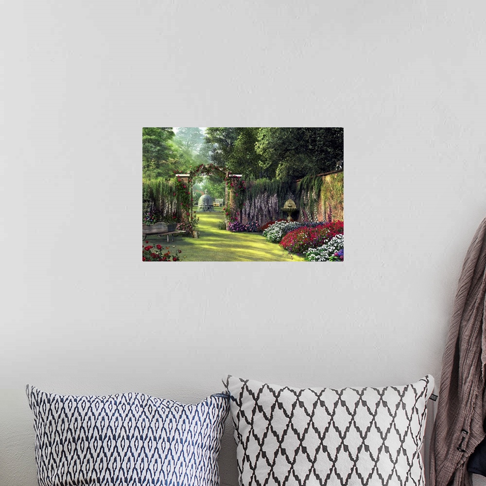 A bohemian room featuring Horizontal painting on a big canvas of a flower garden surrounded by a stone wall and large trees...
