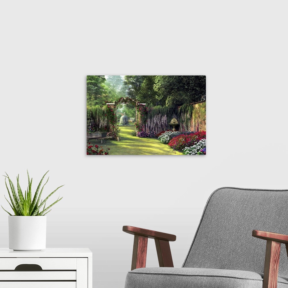 A modern room featuring Horizontal painting on a big canvas of a flower garden surrounded by a stone wall and large trees...