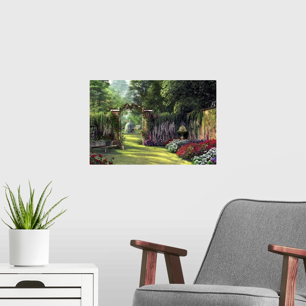 A modern room featuring Horizontal painting on a big canvas of a flower garden surrounded by a stone wall and large trees...
