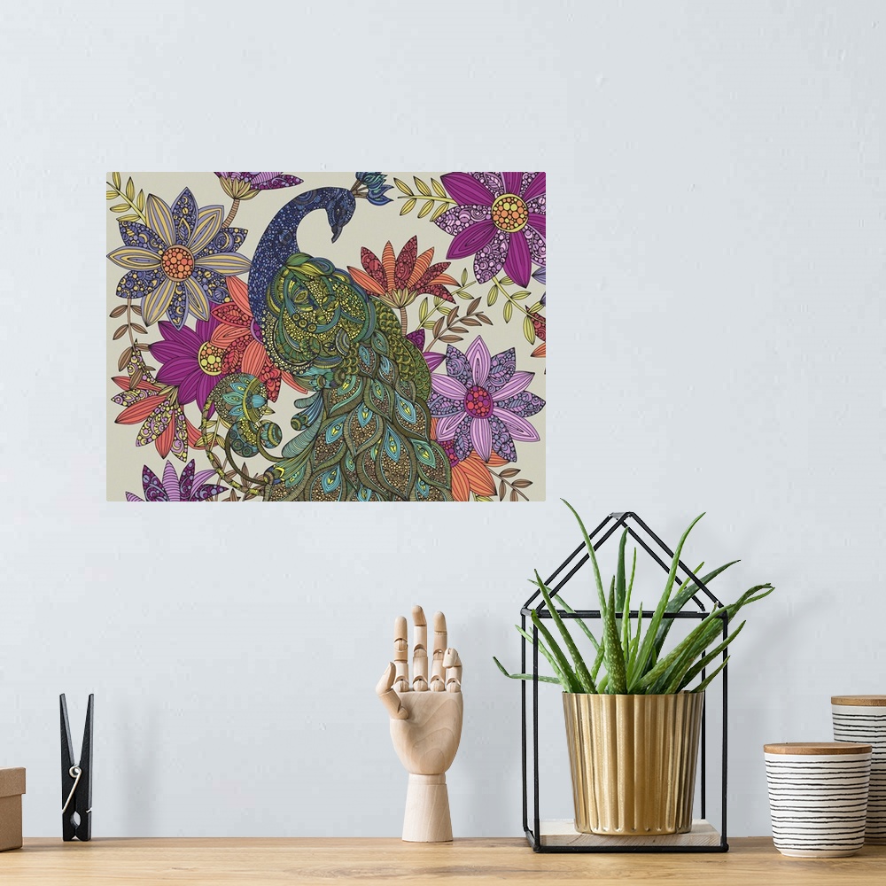 A bohemian room featuring Intricate illustration of a peacock surrounded by flowers on a gray background.