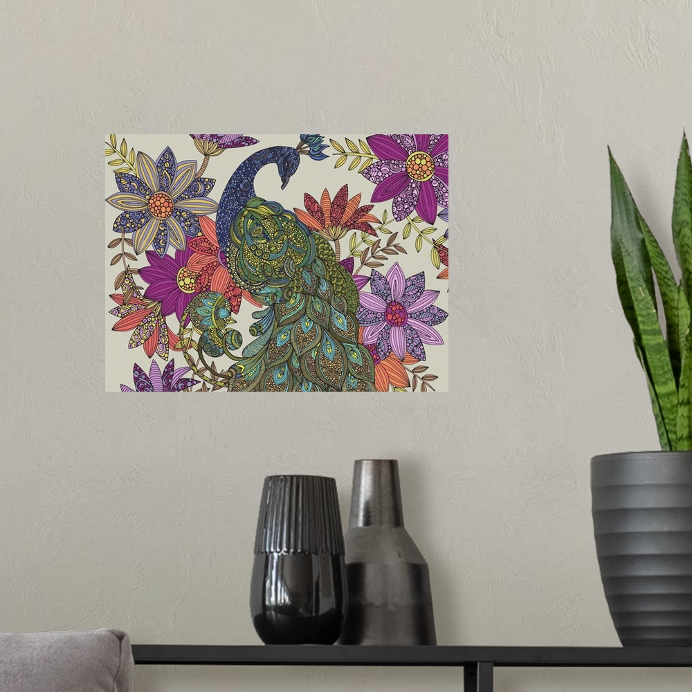 A modern room featuring Intricate illustration of a peacock surrounded by flowers on a gray background.