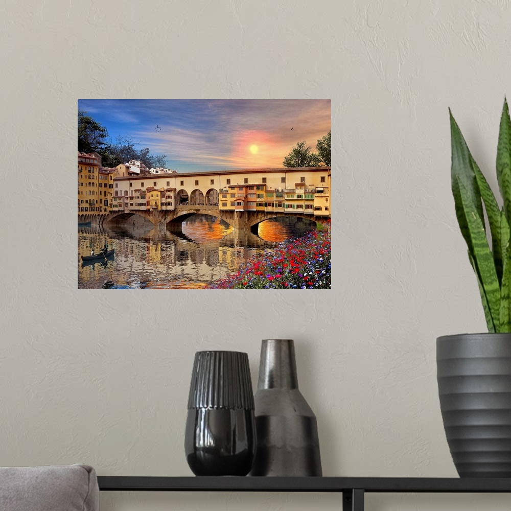 A modern room featuring A landscape picture of a bridge in Italy that is reflected in the water below with a canoe rowing...