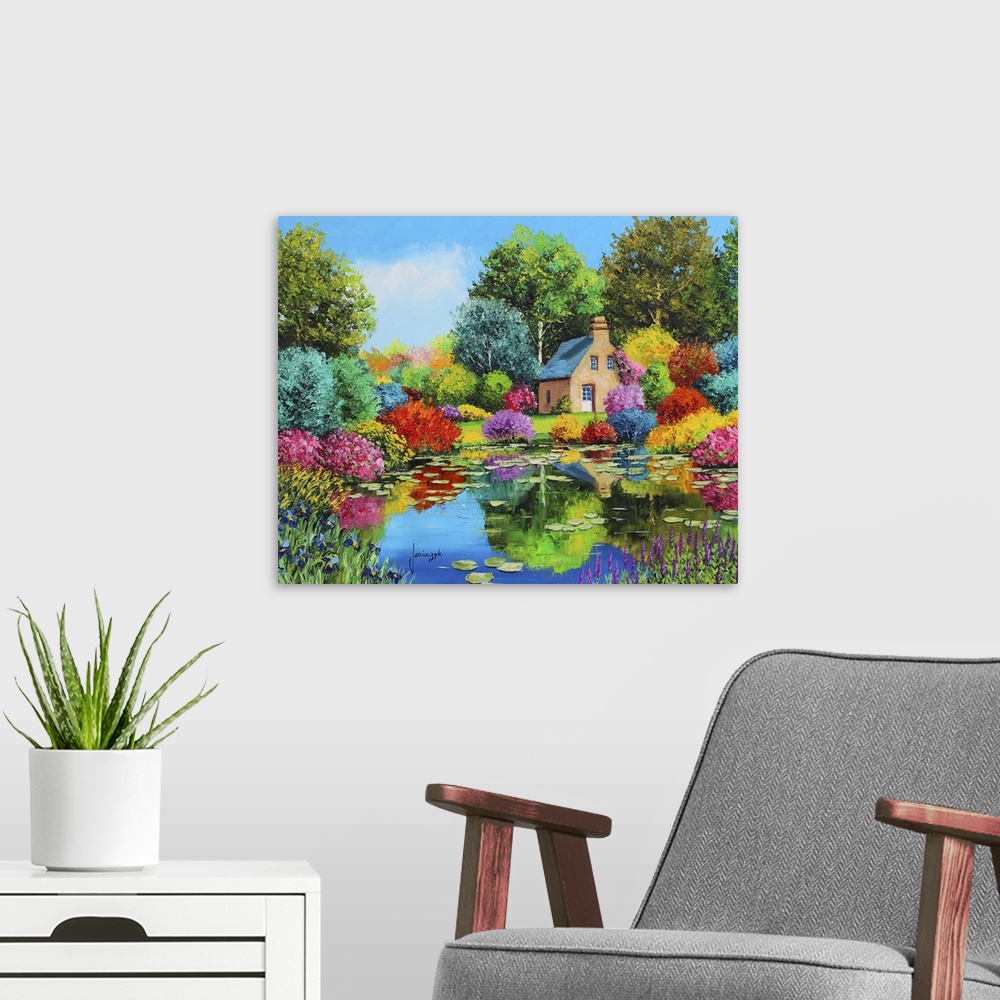 A modern room featuring Colorful painting of a rural cottage surrounded multi-colored foliage.