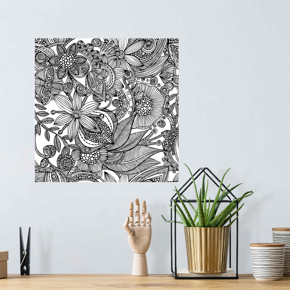 A bohemian room featuring Contemporary line art of intricately patterned flowers and nature designs against a white backgro...