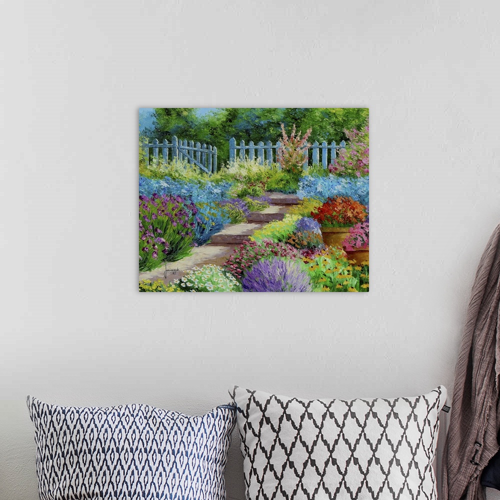 A bohemian room featuring Painting of a colorful garden, with a blue picket fence surrounding it.