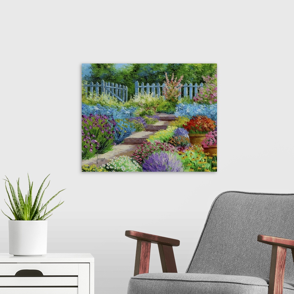 A modern room featuring Painting of a colorful garden, with a blue picket fence surrounding it.