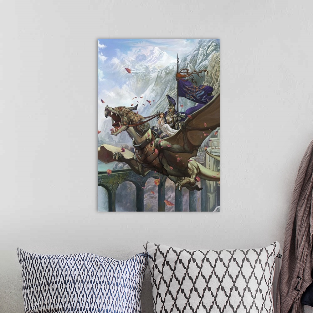 A bohemian room featuring Contemporary science fiction artwork of a man and woman riding a flying beast in a mountainous va...