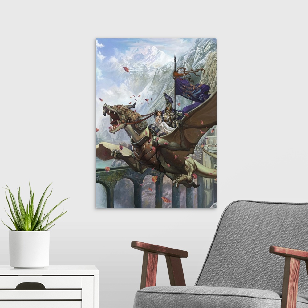 A modern room featuring Contemporary science fiction artwork of a man and woman riding a flying beast in a mountainous va...