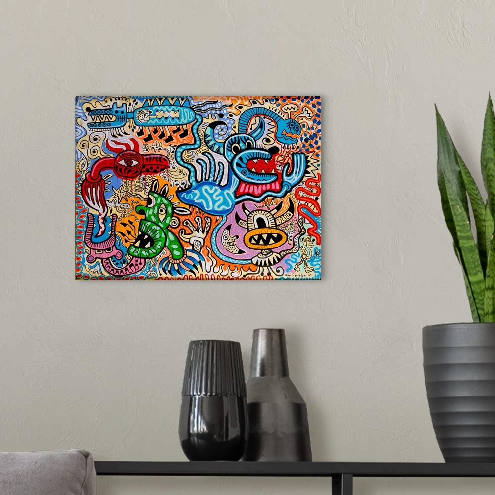 A modern room featuring Contemporary mural artwork of monsters and other abstract figures in a confusion of colors and pa...