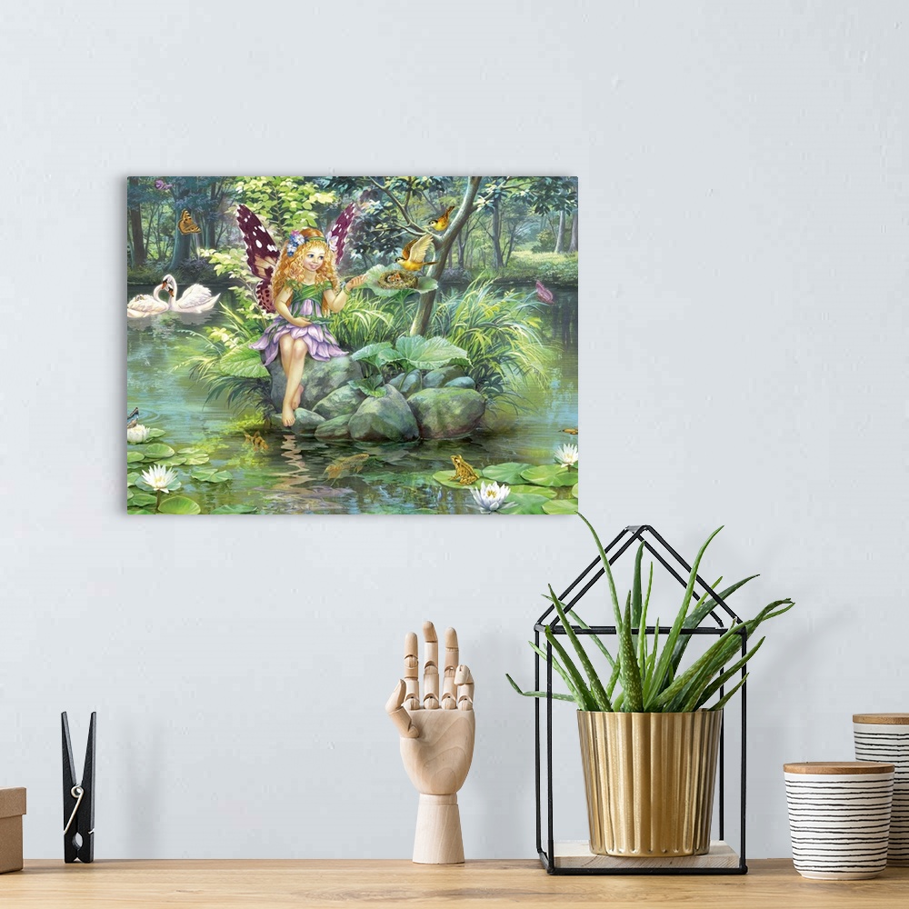 A bohemian room featuring Fantasy styled painting of a fairy watching a motherbird tending to her baby birds that are sitti...