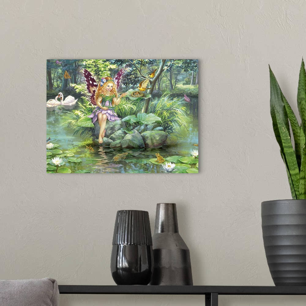 A modern room featuring Fantasy styled painting of a fairy watching a motherbird tending to her baby birds that are sitti...