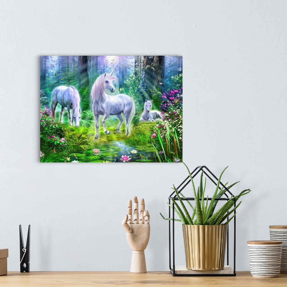 A bohemian room featuring Fantasy painting of three unicorns in a bright forest with lots of flowers and vegetation.