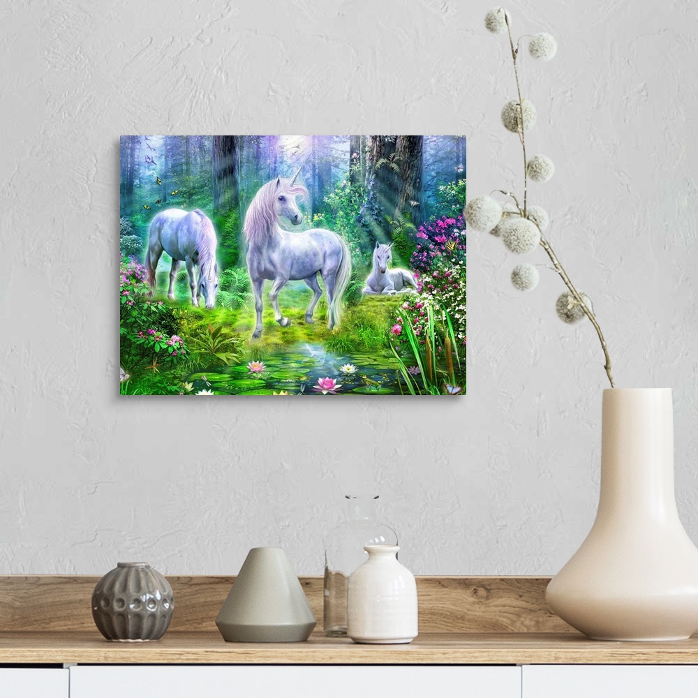 A farmhouse room featuring Fantasy painting of three unicorns in a bright forest with lots of flowers and vegetation.