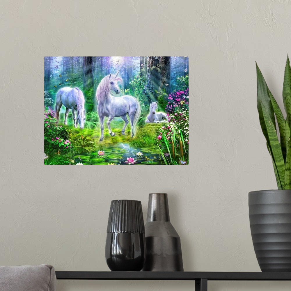 A modern room featuring Fantasy painting of three unicorns in a bright forest with lots of flowers and vegetation.