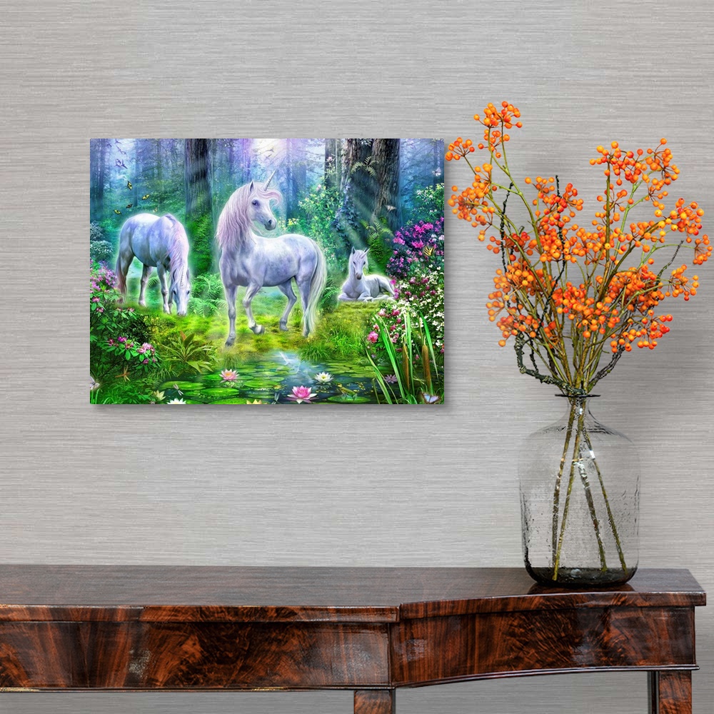 A traditional room featuring Fantasy painting of three unicorns in a bright forest with lots of flowers and vegetation.