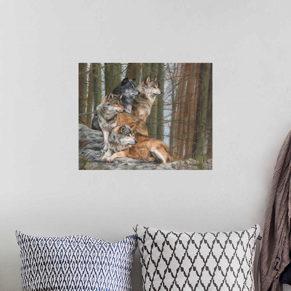 A bohemian room featuring Four Grey Wolves (one in dark phase) together in forest.