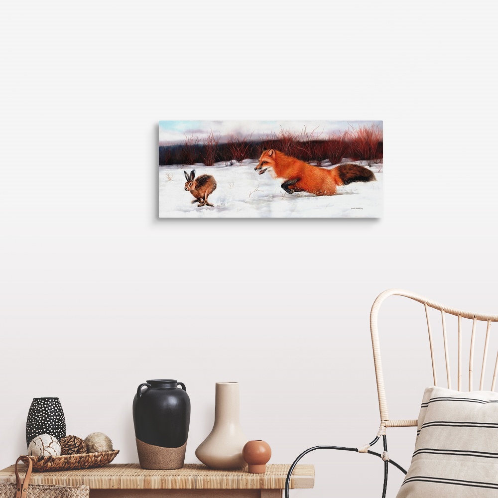 A farmhouse room featuring Oil painting of a Fox chasing a Hare.