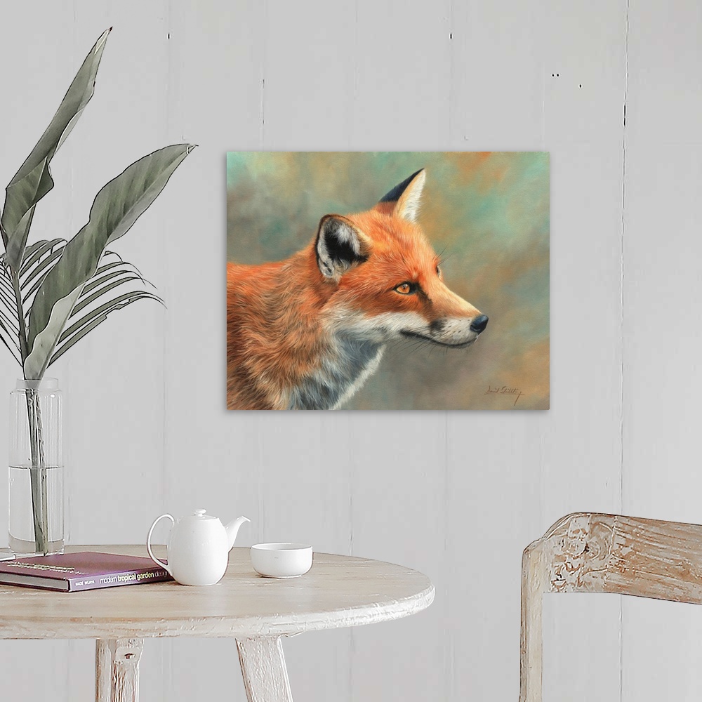 A farmhouse room featuring Contemporary painting of a red fox looking at something curiously.
