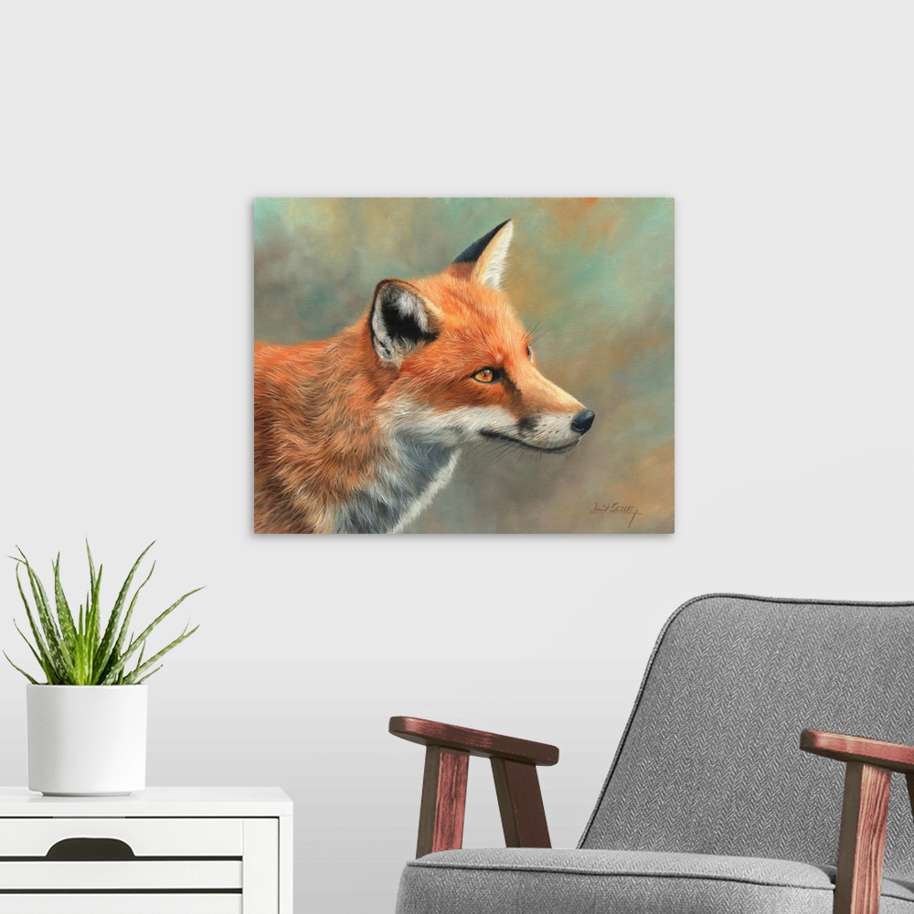 A modern room featuring Contemporary painting of a red fox looking at something curiously.