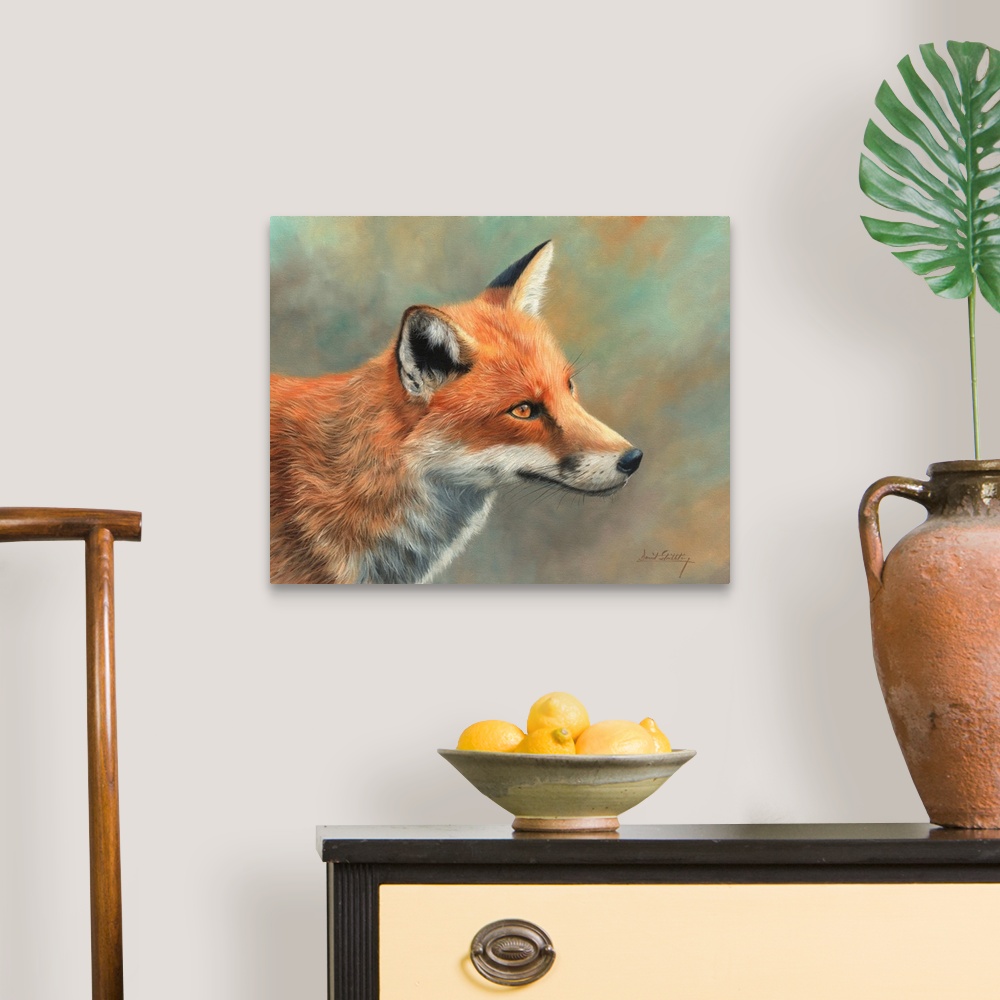 A traditional room featuring Contemporary painting of a red fox looking at something curiously.